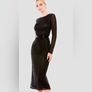 🔥Mac Duggal Black Long-Sleeve Sparkle Midi Dress🔥